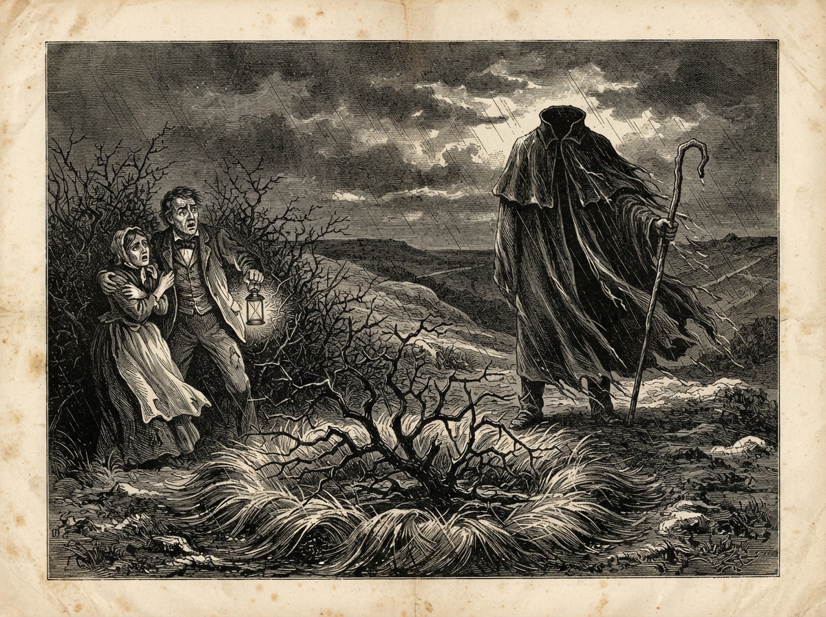 A rain-lashed night on bare chalk downland. A tall figure in a long drover's cloak stands against a bruised sky, crook in hand, where its head should be only a lightless gap above the collar. Water pours from the hem, and a ring of flattened, glistening turf surrounds an empty thorn-brake in the foreground.