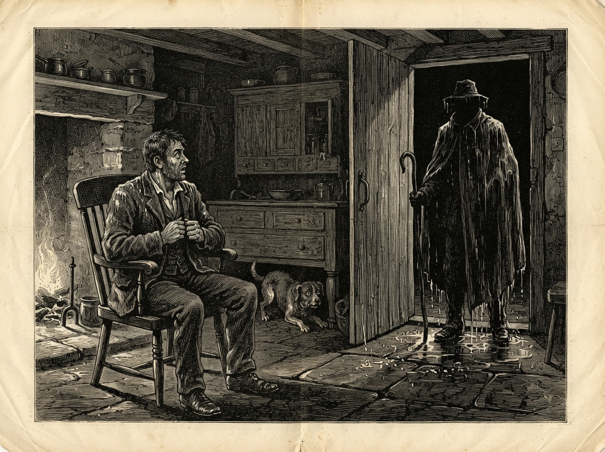 A low cottage kitchen by a dying fire, with a man seated upright in a wooden chair, quite dry, eyes wide and fixed on the open door. His collar and shoulders gleam wet in the firelight, and a dog cowers under the dresser. In the doorway the night is shaped like a tall man, with water dripping from its edges onto the flagstones.