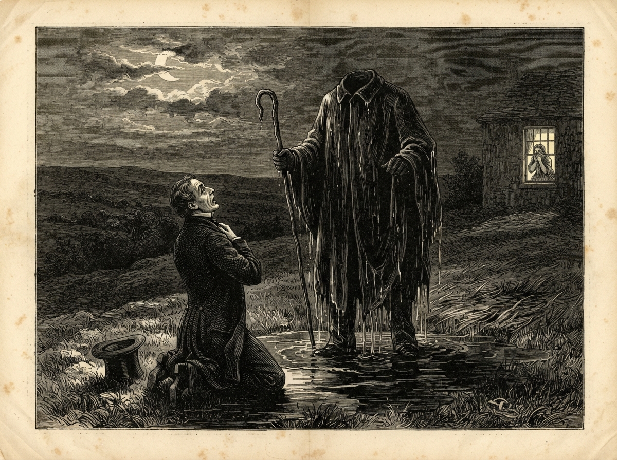 A gentleman in a frock coat kneels on the open ridge under a pale moon, hat on the turf beside him, his gaze lifted toward a tall cloaked figure that has no head and stands very close. Water runs from the figure's cloak and gathers in a dark pool that spreads around the kneeling man's knees. In the far distance a young woman at a lit window pulls her shawl over her nose and mouth.