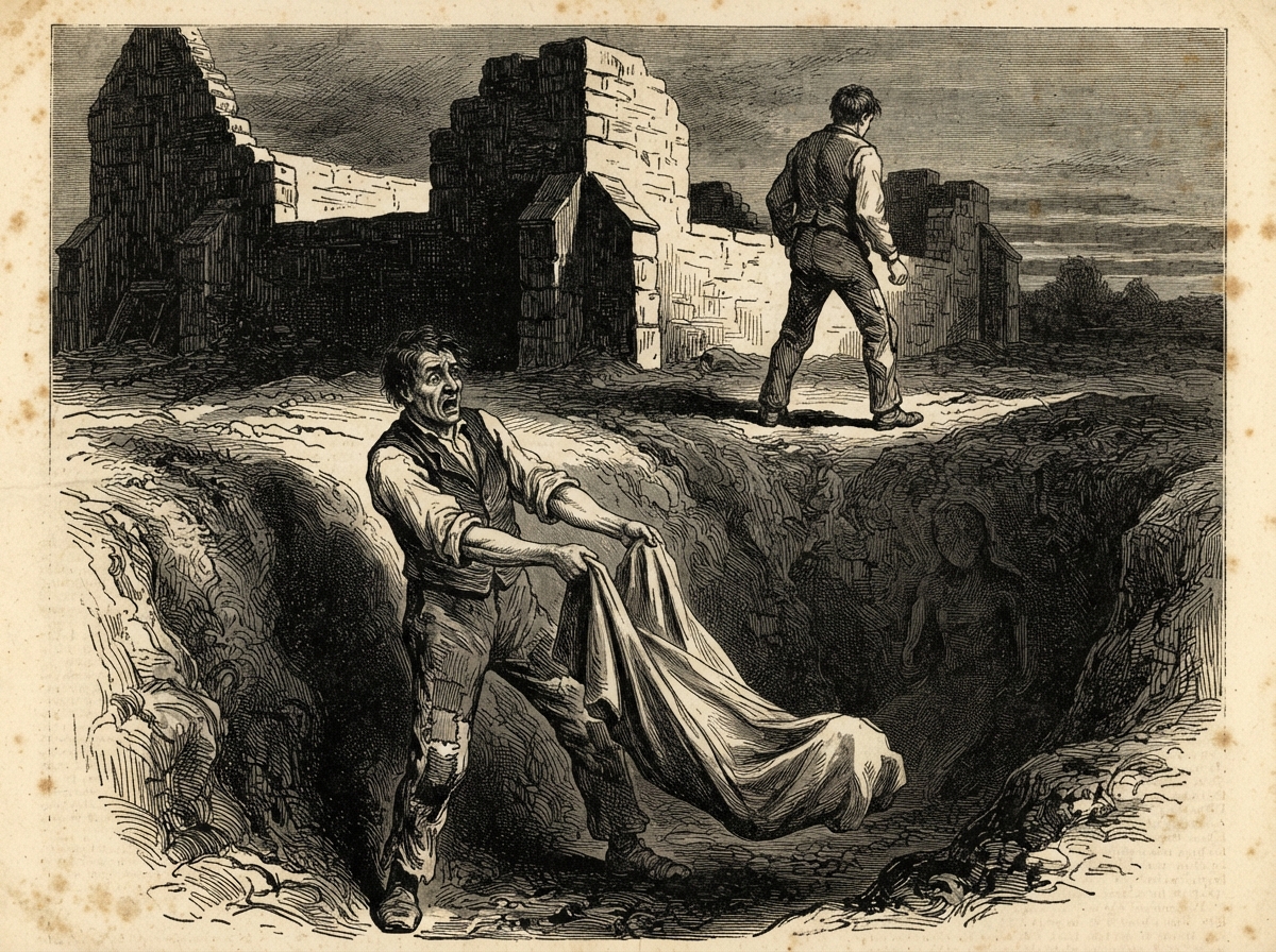 A labourer in a muddy trench at dusk holds up a bundle of grey linen that seems to sag as if filled with a sleeper. His companion stands back on the edge of the cutting, his face turned away. Behind them the unfinished walls rise in black, and the hollow in the earth is faintly shaped like a kneeling figure.