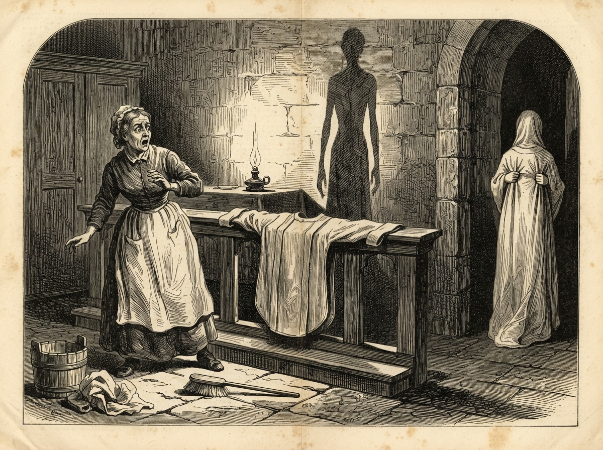 A charwoman in a vestry with a bucket at her feet stares at a folded linen garment laid open on the altar rail, its sleeves spread as if arms were within. The lamplight throws a tall shadow upon the wall that does not match any person in the room.