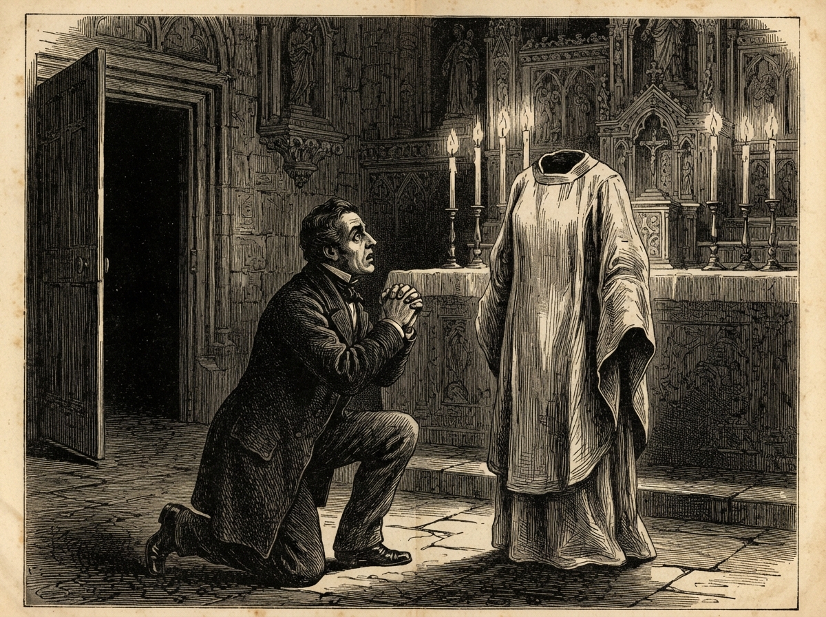 A man kneels in the sanctuary before the altar with seven candles burning, and the linen garment stands upright before him as though worn by a woman with no head or face visible. His hands are folded as if in prayer and his eyes are wide open. Behind him a door hangs ajar upon darkness.