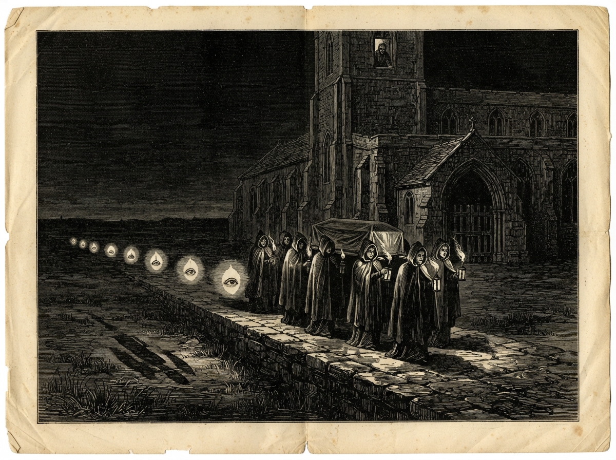 A raised causeway runs across a flat marsh under a starless sky. Eight bearers in hooded cloaks carry a sealed bier, each holding a small flame, while a vast church looms ahead with its door barred. The porch is black, and a lone figure watches from a high window.