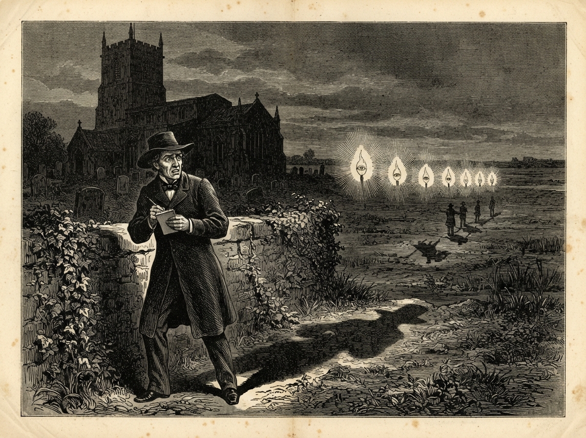 A man in a long coat stands at a churchyard wall, a notebook in his hand, looking out over the marsh. A line of small flames approaches in single file, each lit from within by a shut eye. His shadow stretches toward the marsh, against the light.