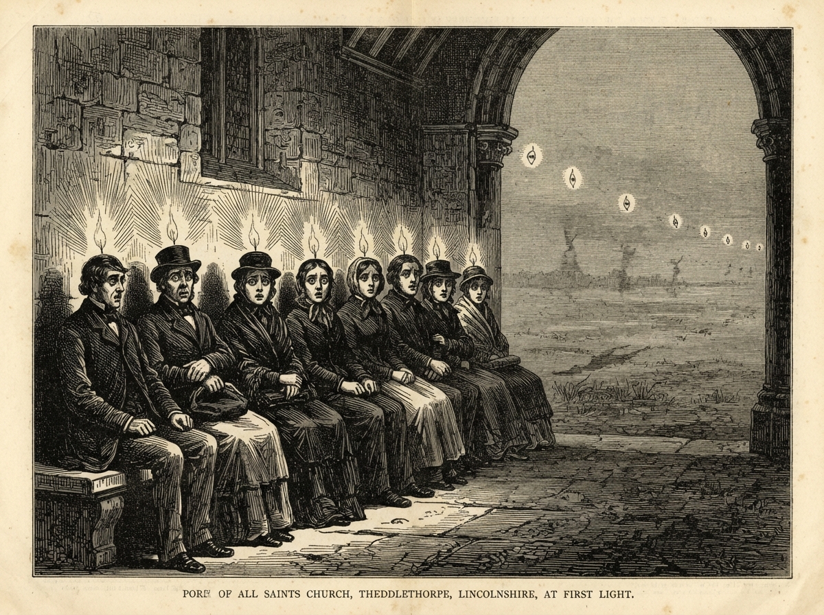 A stone porch at first light, with a bench where nine figures sit upright in a row, though the bench is cut for eight. The last wears a long coat and holds a closed notebook. All their open eyes are fixed on the grey marsh, and a thin yellow flame hangs above each head.