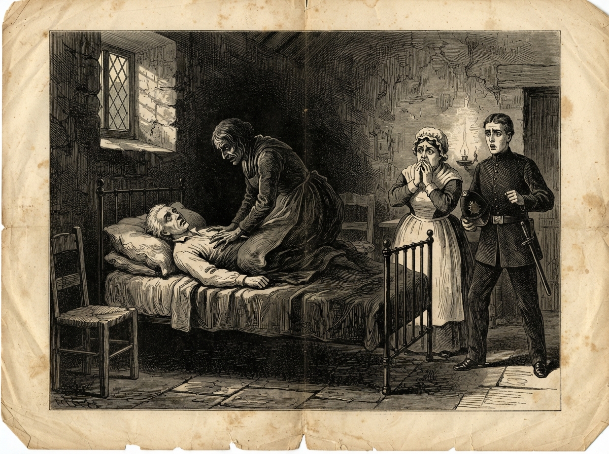 A bare gatehouse bedchamber at dawn, a stout housekeeper in a mob cap and a young constable standing at the foot of an iron bed. On it lies a man on his back, eyes wide open, his hair a stark white against the pillow, while the shadow in the ceiling corner seems faintly too thick.