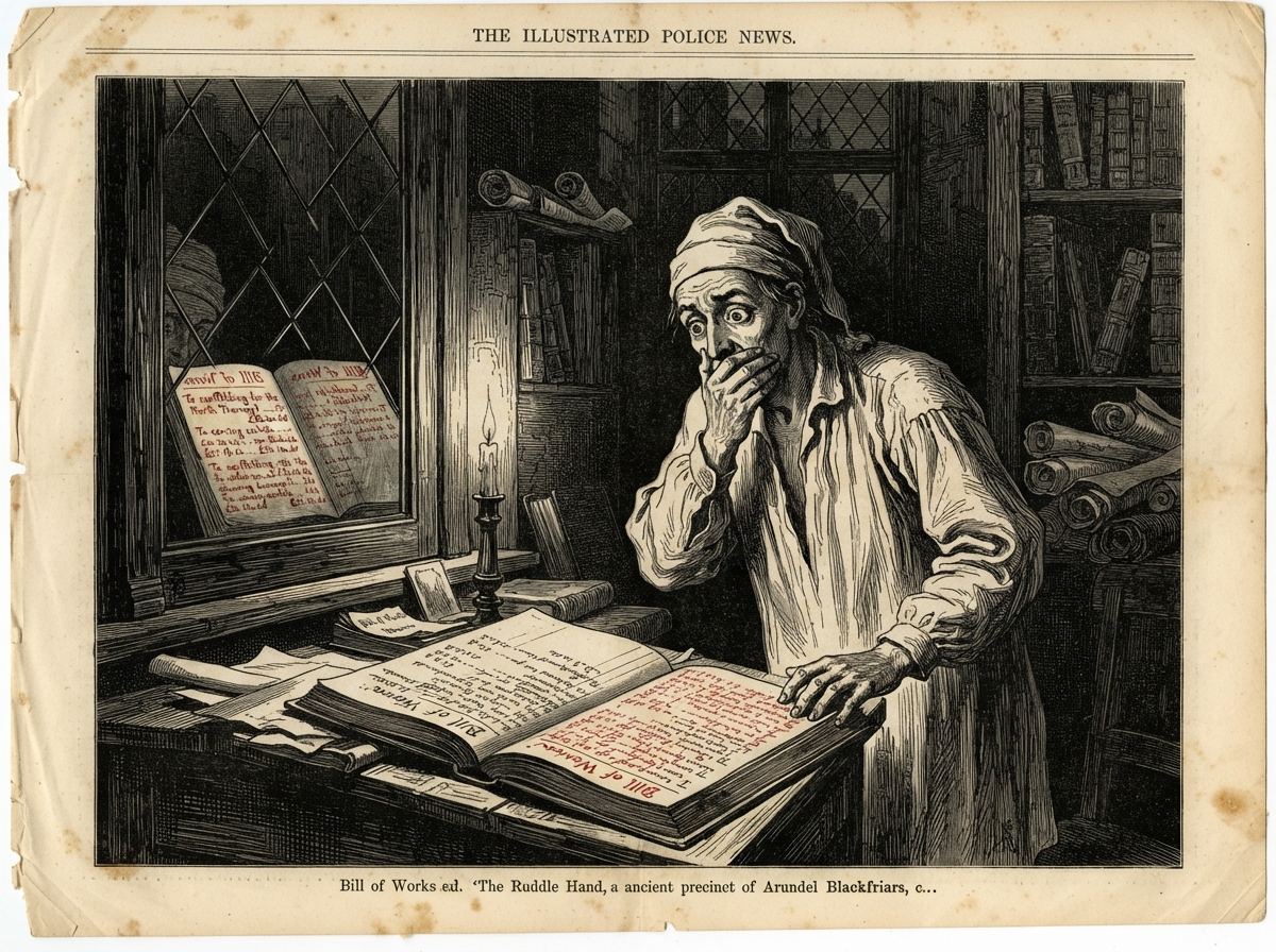 A tall, narrow room in a country attorney's house at night, with one candle on a desk. A bill of works lies open there, its margin filled with wet red script, and a lawyer in nightshirt stares down with his hand pressed to his mouth. In the dark glass of the window behind him, the reflection of the page shows writing that his own page does not.