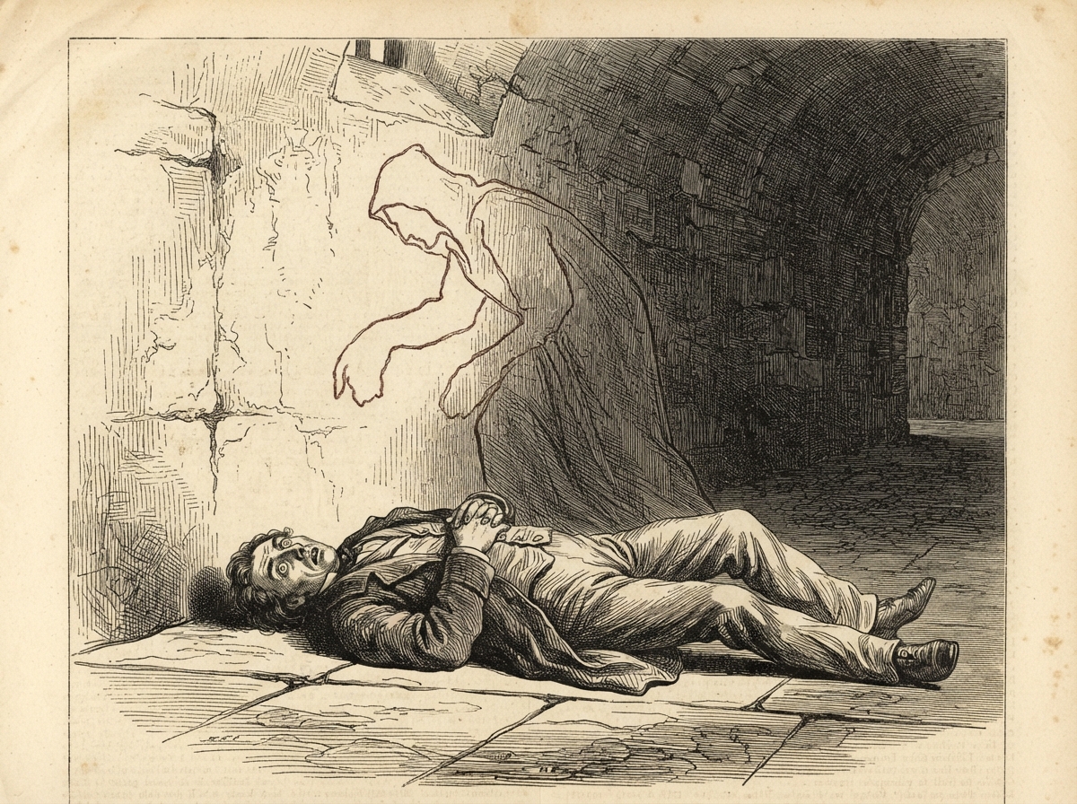 The whitewashed vault in grey light. A man in a master builder's coat lies on his back on the swept floor with his hands crossed upon his chest and his eyes open. Above him on the plaster a figure of red ruddle, no thicker than a mason's chalk-line, traces the outline of a stooping man.