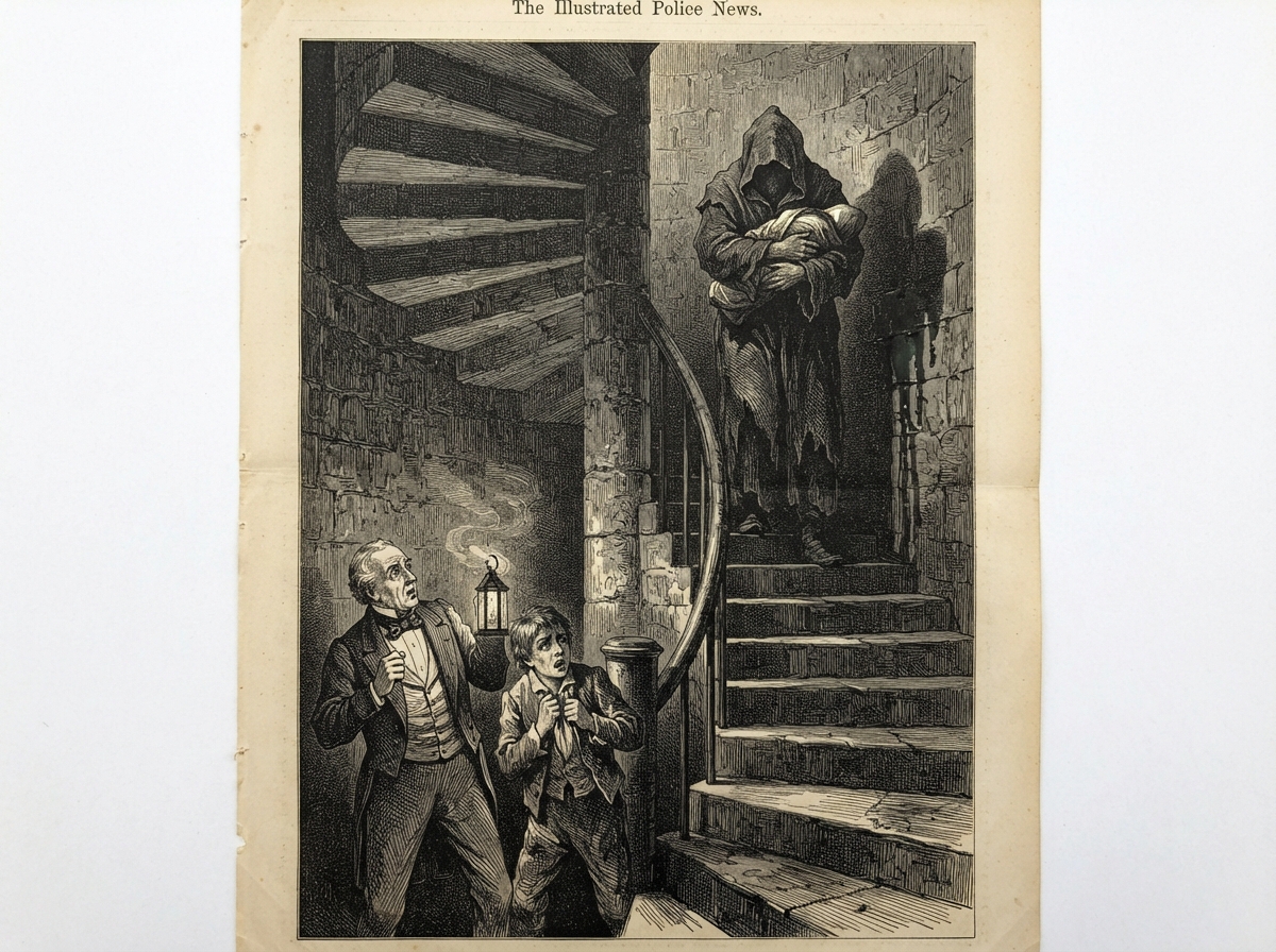 A narrow stone turret stair by lantern-light, with a steward and a servant clutching their coats at its foot. At the stair's head a hooded figure in a heavy smock stands with its arms folded about a rag-bound shape, and a damp trail of shadow runs down the wall behind it. Its face is hidden in the sagging hood.