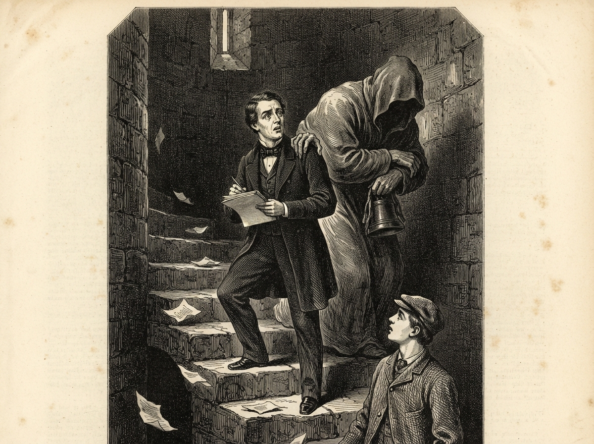 A gentleman in a frock coat ascends a turret stair with a notebook in his hand, while a younger man at the foot stares upward, plainly hearing nothing. Behind the gentleman, a huge, hooded shape bends close over his shoulder with one grey hand resting on the page. Torn paper drifts down the steps.