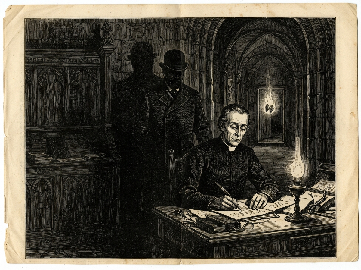 A pale vestry with a lamp guttering on a desk, and a man in clerical black seated calmly with a pen, covering page after page. In the doorway behind him stands a Society officer, his face in shadow, while at the far end of the passage a small green flame hangs unmoving at the threshold.
