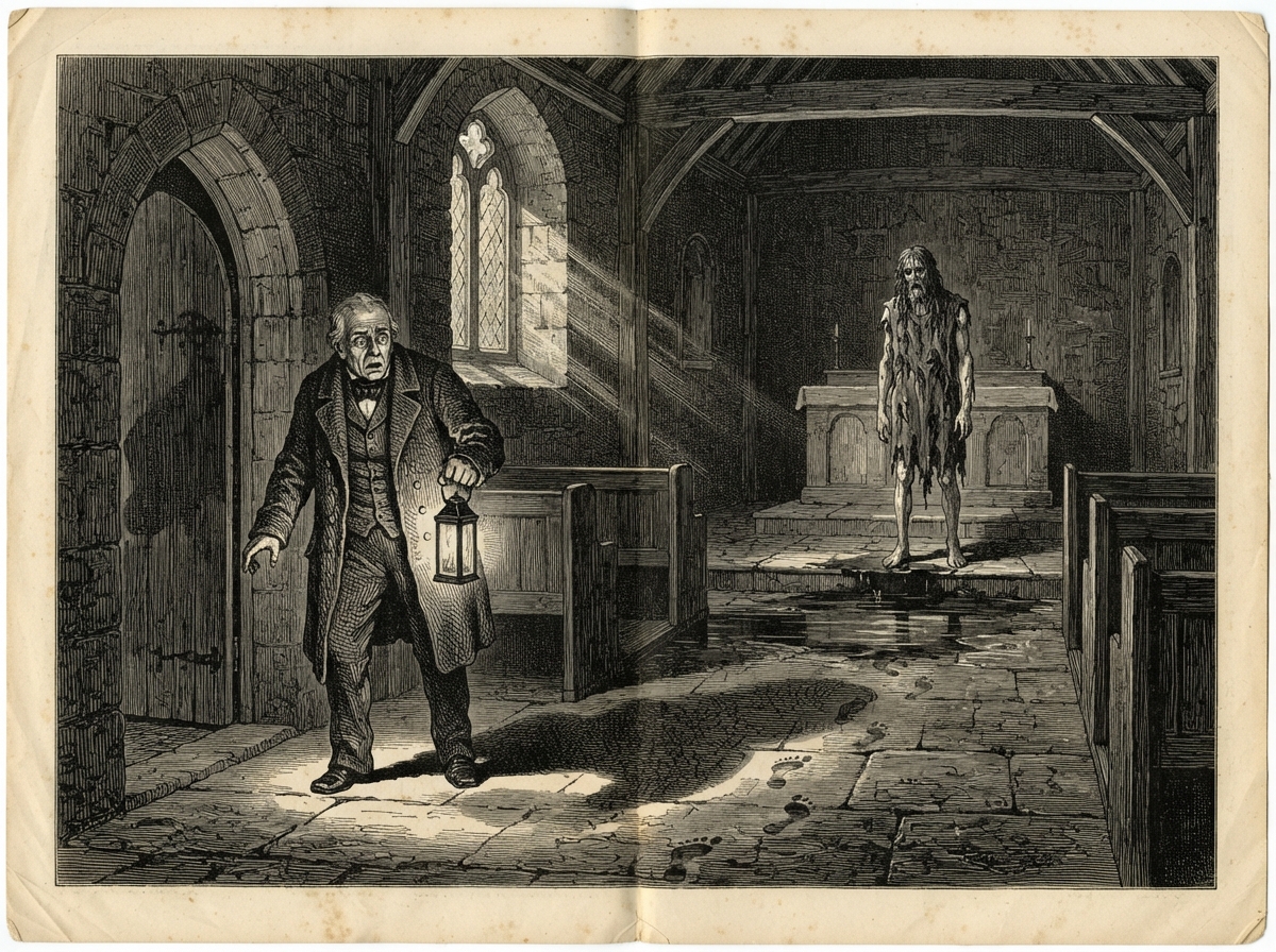 A frosted chapel interior by thin morning light. A dark glistening pool lies before the altar and a line of bare wet footprints crosses the stone flags towards it. A bareheaded elderly churchwarden stands in the doorway with a lantern, staring at the prints, his shadow thrown long behind him.