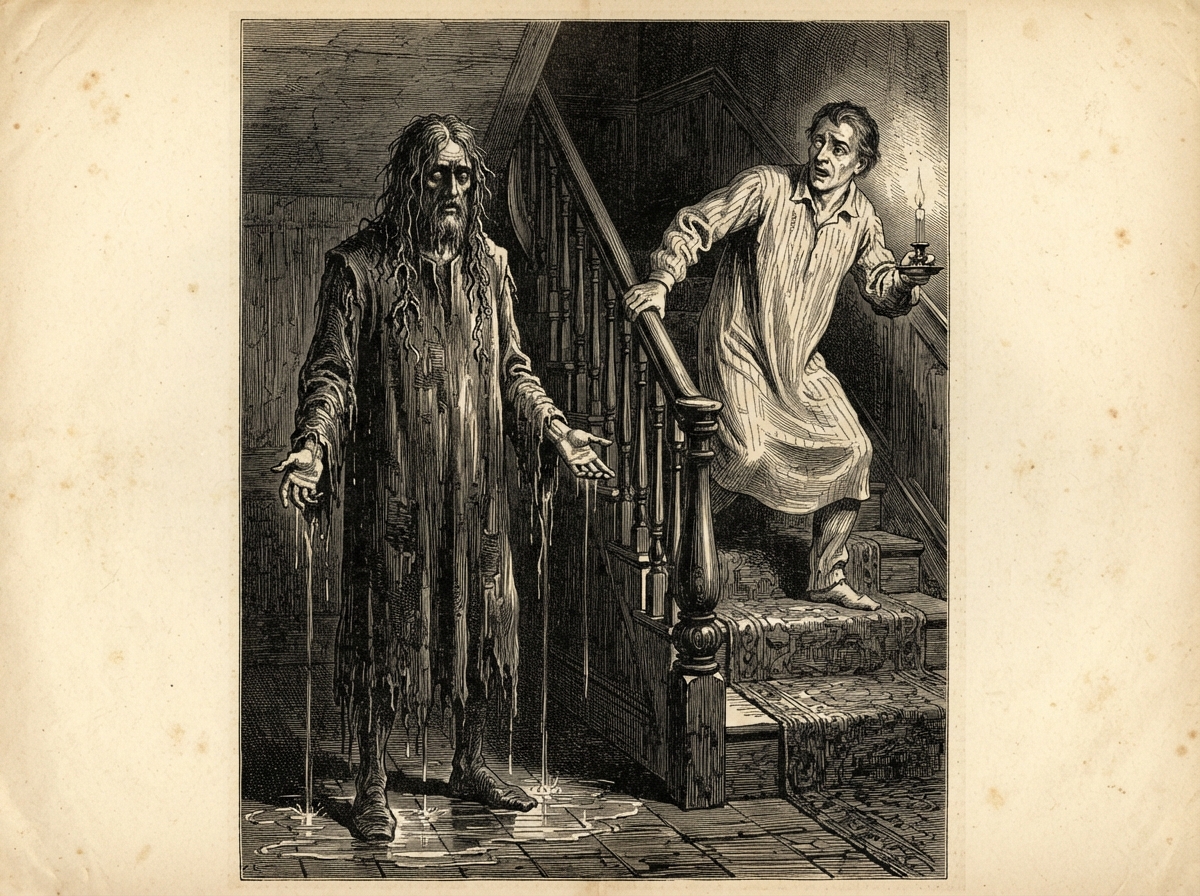 A narrow stair in a Georgian house by candlelight. At its foot stands a tall figure in a sodden tabard, hung with weed, hands held open and palms upward, water streaming silently from the sleeves to a pool on dry boards. Above, a man in a nightshirt clutches the banister, his face turned half away.
