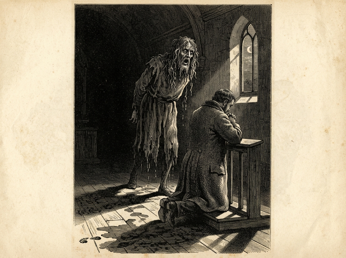 The empty chapel at night under a thin new moon showing through a lancet window. A kneeling man in a heavy coat faces the altar, his head bowed. Behind him, in the dark of the nave, the tall weed-hung figure leans close over his shoulder, its mouth agape and its shadow reaching across the floor.