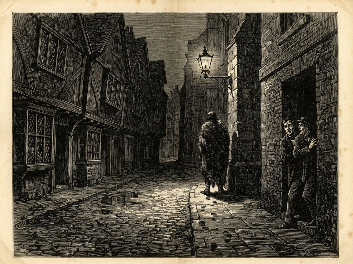 A deserted cobbled street at night under a narrow gas lamp. At the corner of a church stands a tall figure in a heavy pelt cloak, face turned wholly away, with a trail of wet footprints leading to it. The shadows of the houses lean over as if listening.