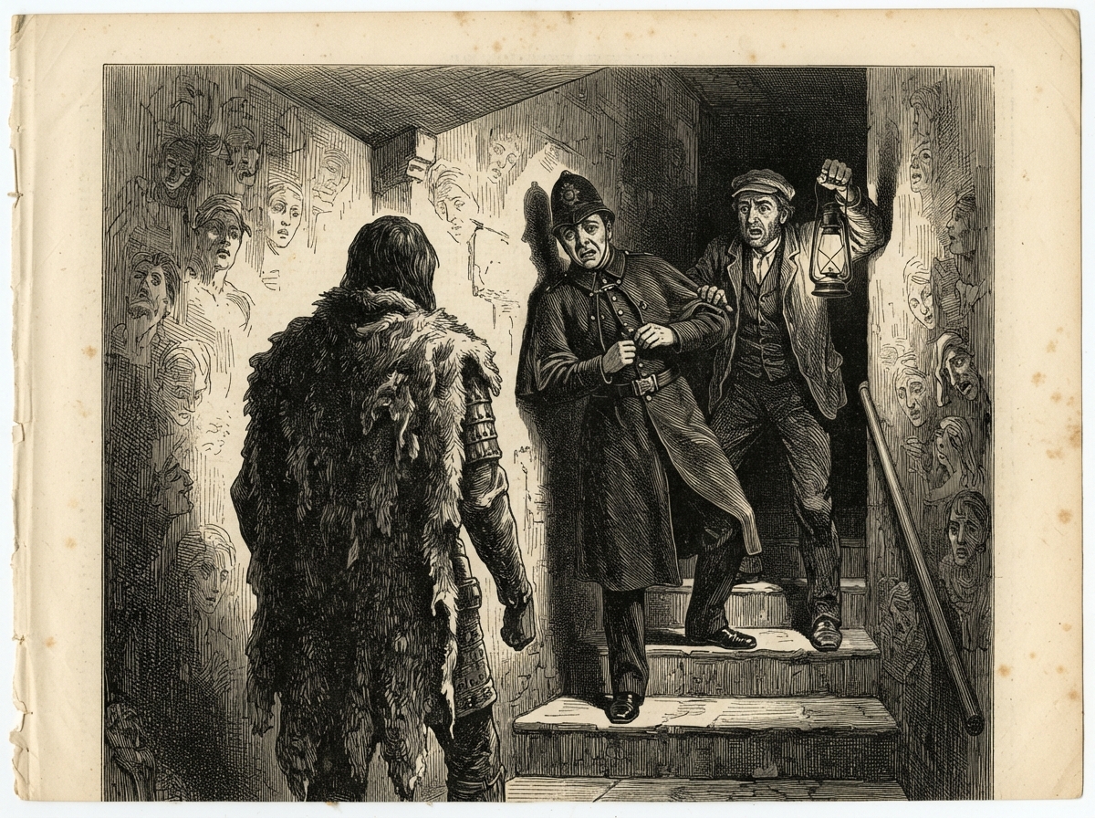 A narrow stair with the pelted figure at its foot, its back to the viewer, towering over a weeping officer who is buttoning his coat to descend. A second man grips the officer's arm, lamp raised to dash it. The walls seem crowded with faint upturned faces in the plaster.