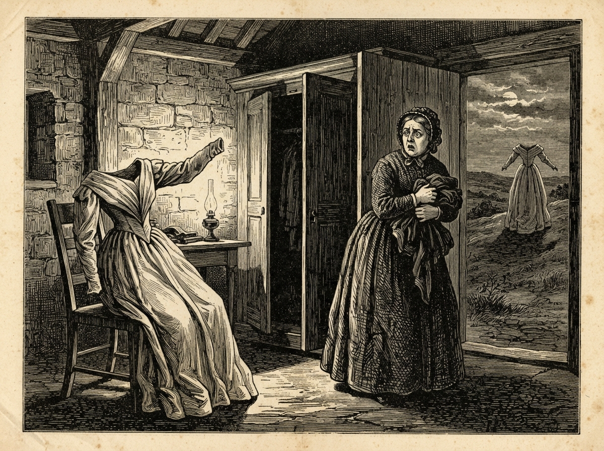 A lamplit vestry with a stout oak press standing open. A grey-yellow wedding gown lies draped over a straight-backed chair, one sleeve lifted as if by an unseen arm. A stout woman with a brass cloth stands frozen in the doorway, her face turned from it.