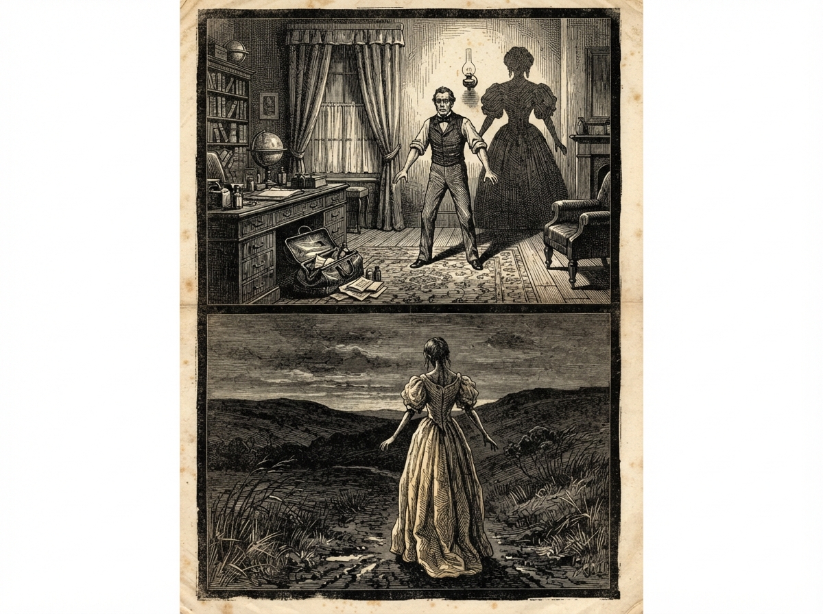 A doctor's consulting room by gaslight, with a physician in shirtsleeves standing rigid in the centre of the carpet, arms held out from his sides. His shadow on the wall is wider than he is, and shaped like a gown. A black bag lies open on the desk.