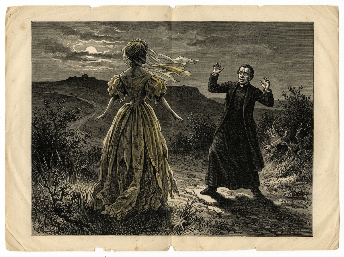 A bare chalk ridge under a low moon, with a tall figure in a loose grey bridal gown standing with its back to the viewer, arms away from its sides. A clergyman in a black coat faces it, his own arms rising to mimic her posture. Her veil lifts in a wind that does not stir the grass.