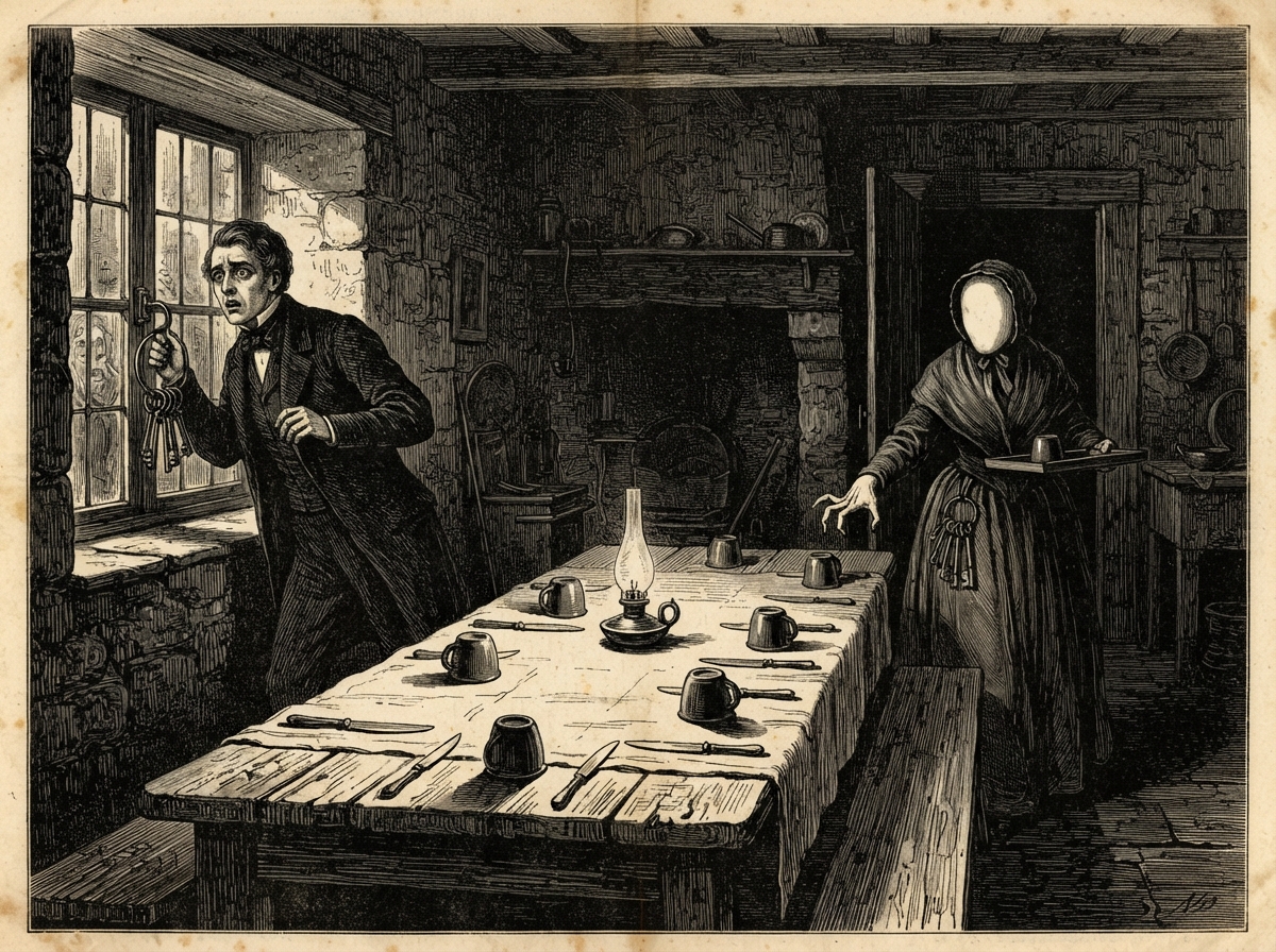 A bare kitchen at night, a long table laid for six, its knives turned edge outward and its cups inverted. At the window a clerk stands holding a ring of keys, staring in, while a single lamp burns on the table with no hand near it.
