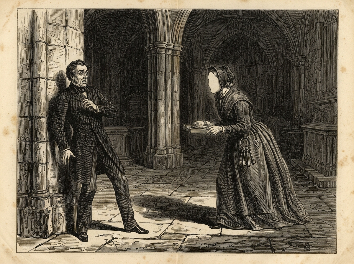 The north aisle of a great church at dusk, pillars sinking into shadow. A stooped woman in grey carries a tray along the flagstones, her face a smooth blank pallor turned toward a man shrinking against a pillar, her fingers bending too far.