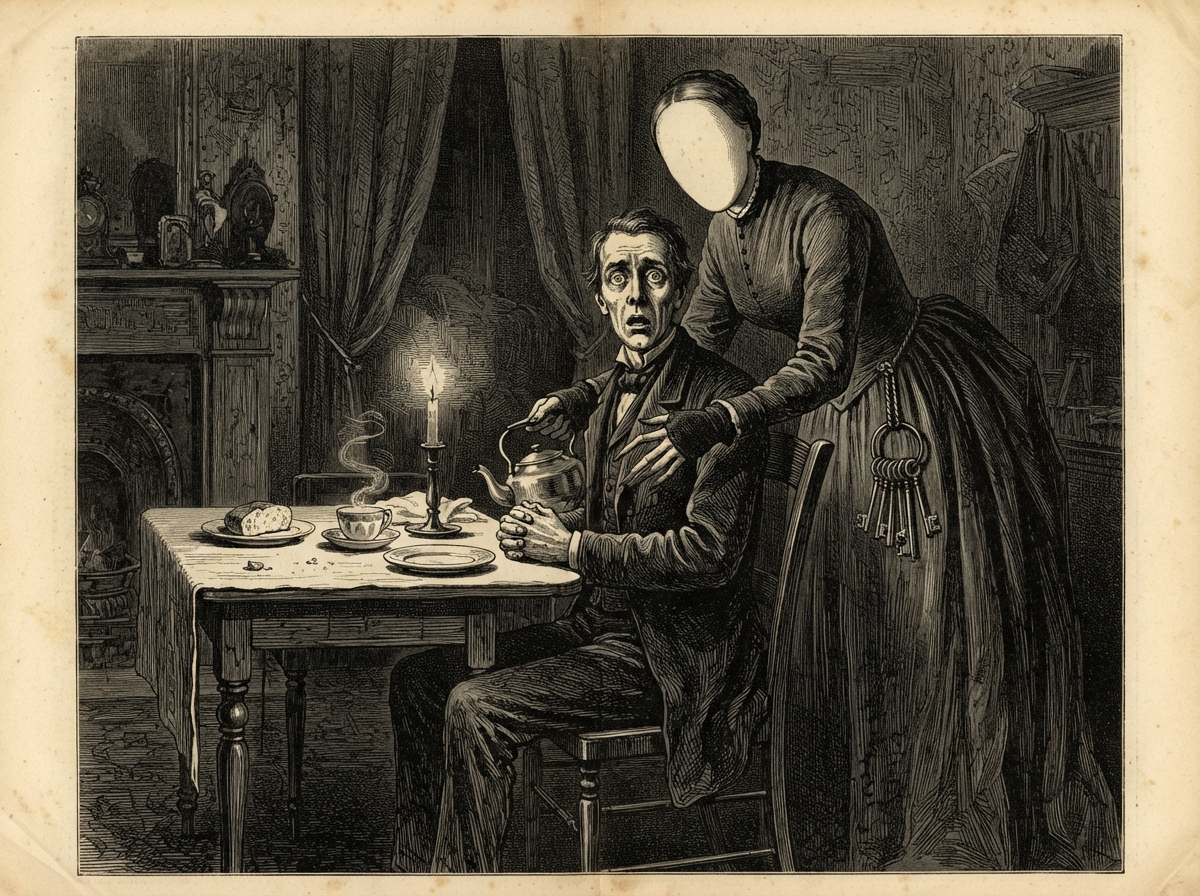 A chair drawn up to a laid table in a dim house, a man seated rigid with eyes wide open and hands folded. At his elbow a steaming cup, and behind his shoulder the tall grey shape of a woman bending as if to serve him.