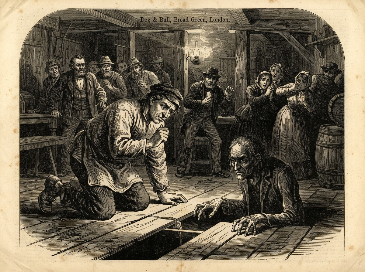 A smoke-filled tap-room late at night. A drunken carter kneels with his ear against the boards, one knuckle raised to knock, while the other patrons stand frozen behind him. Between the floorboards, a thin line of pallid light seeps up and a pair of crooked fingers is faintly visible in the crack.