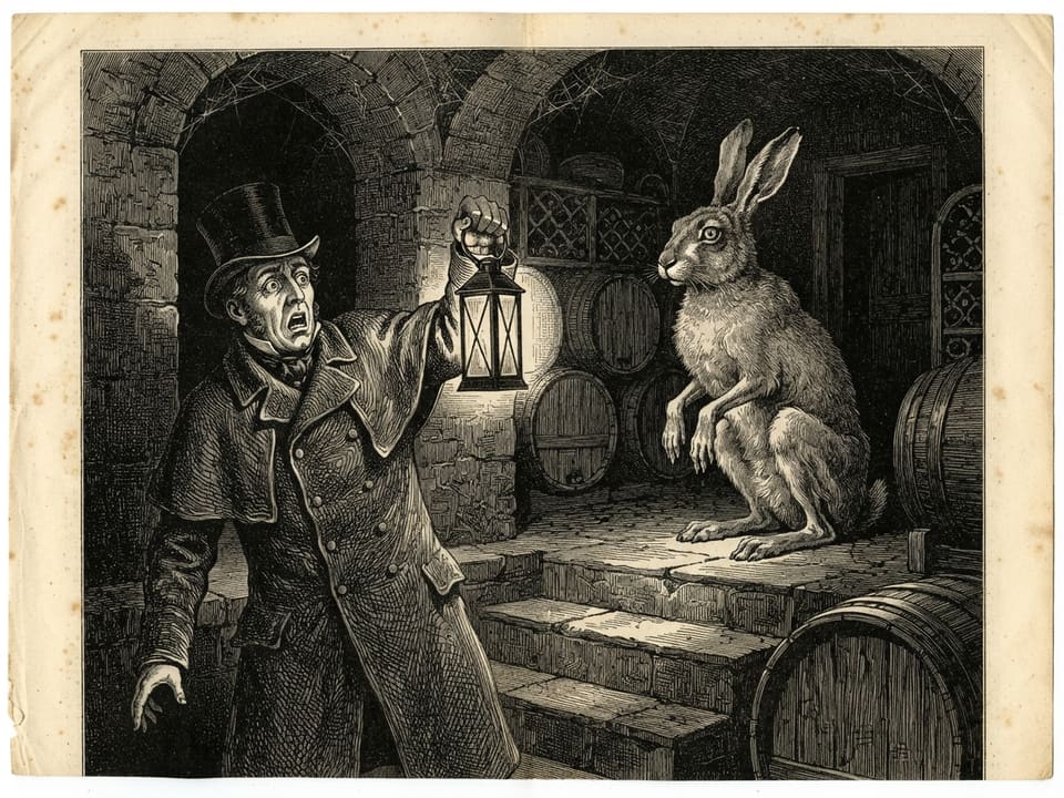 A watchman stands frozen at the foot of cellar steps with his lantern raised. Among the barrels a vast grey hare sits upright on its haunches, forepaws hanging like hands, its eyes turned not to the light but past him to the door.