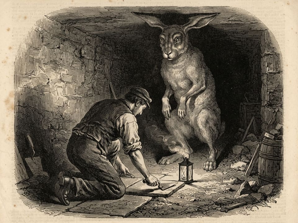 In a bare cellar passage a lone builder kneels laying flagstones by lamplight. Behind him stands a tall grey hare on its hind legs, almost man-high, its face half-human in the shadow, bending patiently over his shoulder.