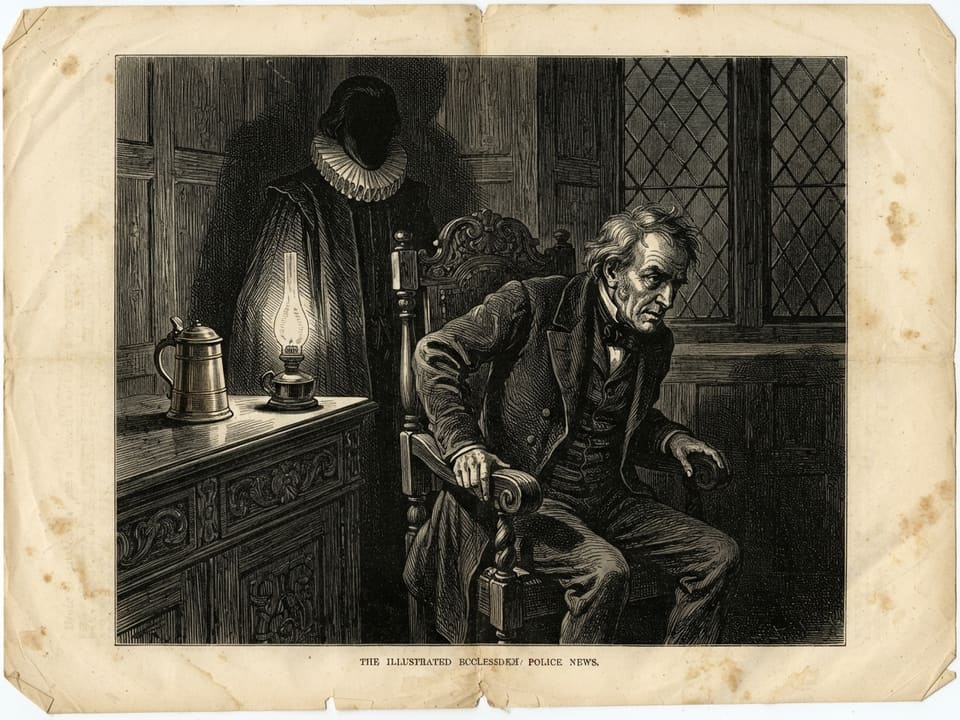 Through a leaded window at night, a gentleman sits in a high-backed chair before the dresser, head inclined as if listening. Behind his shoulder, barely suggested in the crosshatching, stands a tall figure in a stiff ruff, its face a blank of shadow.