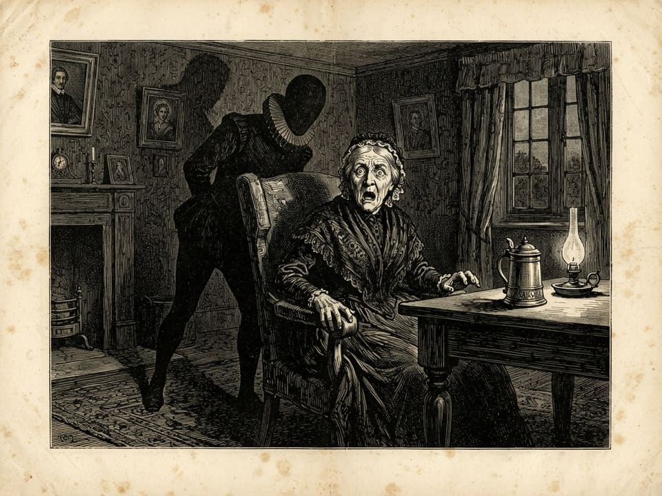A small parlour at dusk, an old woman seated rigid in her chair with eyes wide open and lips parted. Before her an empty table, and upon the wall behind her a long shadow in the shape of a collared figure leaning close to her ear.
