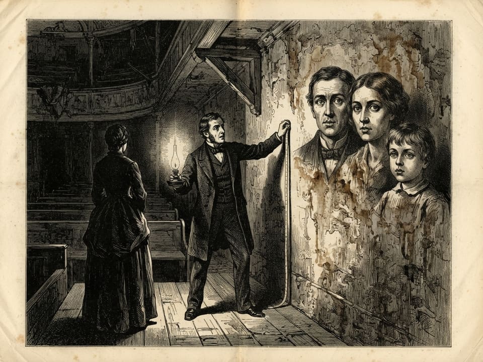 A narrow auditorium lit by a single oil lamp; a surveyor in a frock coat holds a measuring tape against a plaster wall where brown stains form the faces of a man, a woman and a child, all gazing past him. The wardrobe mistress stands in the aisle with her face turned away.