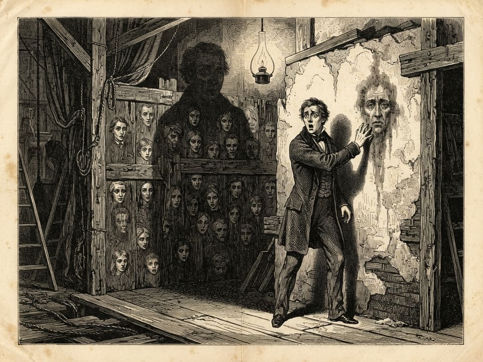 A young man stands rigid before a rear wall, one hand raised to touch a stain that forms his own aged face. Dozens of faint faces surround him on the plaster and boards, and the lamplight throws his shadow huge across them.
