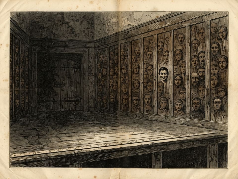 An empty stage in grey dawn, a tape-measure laid straight along its edge. Behind it the whole north wall is crowded with faces, mouths slightly parted, and one at eye level smiles. The bolted doors are visible at the back.