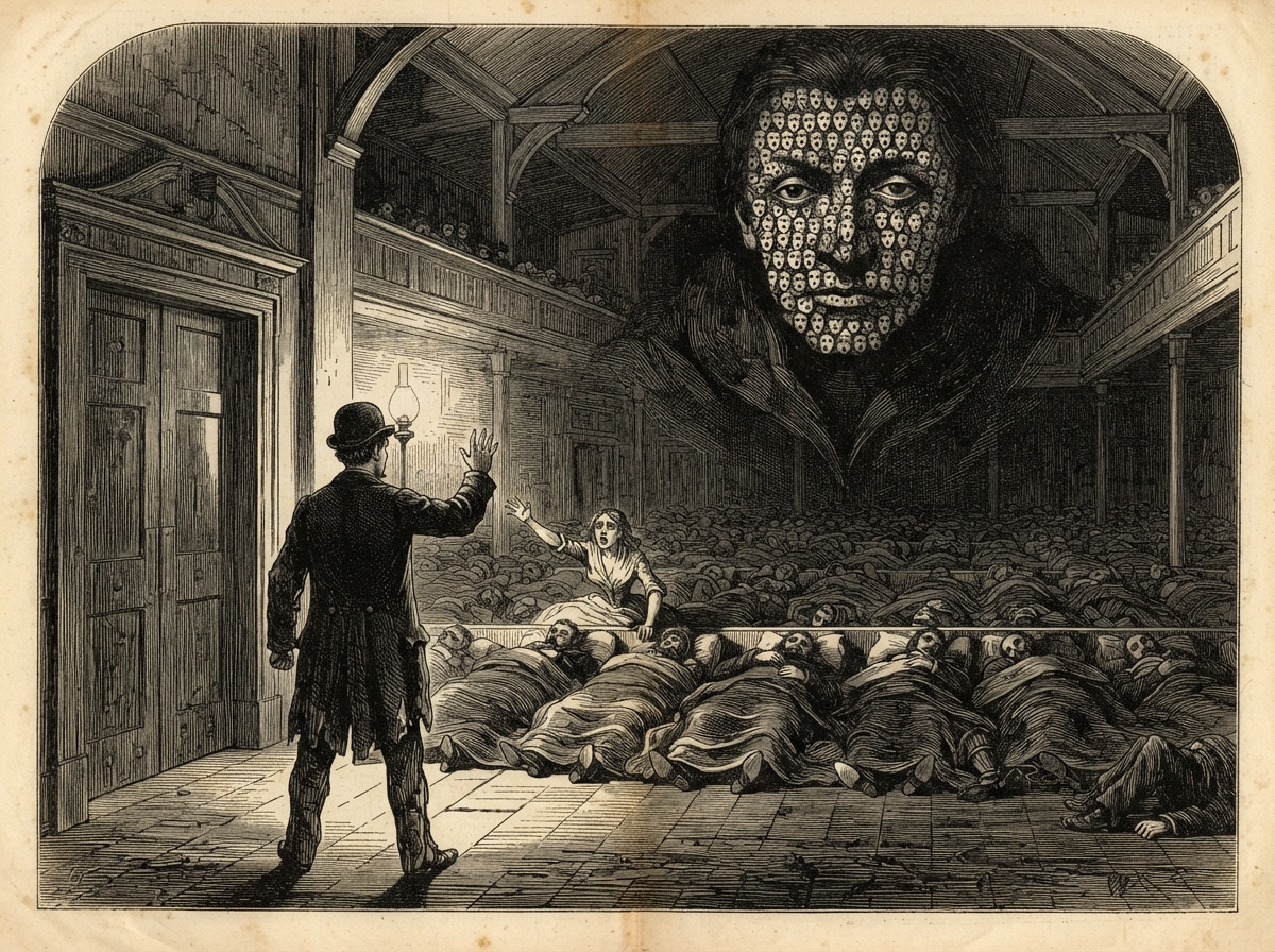 A vast hall by thin lamplight, two hundred sleepers lying in ranked rows on the floor beneath coats. A young clerk stands at the great double doors with his back to them, one hand raised to forbid, while a woman in the third row stretches a pleading arm towards him.