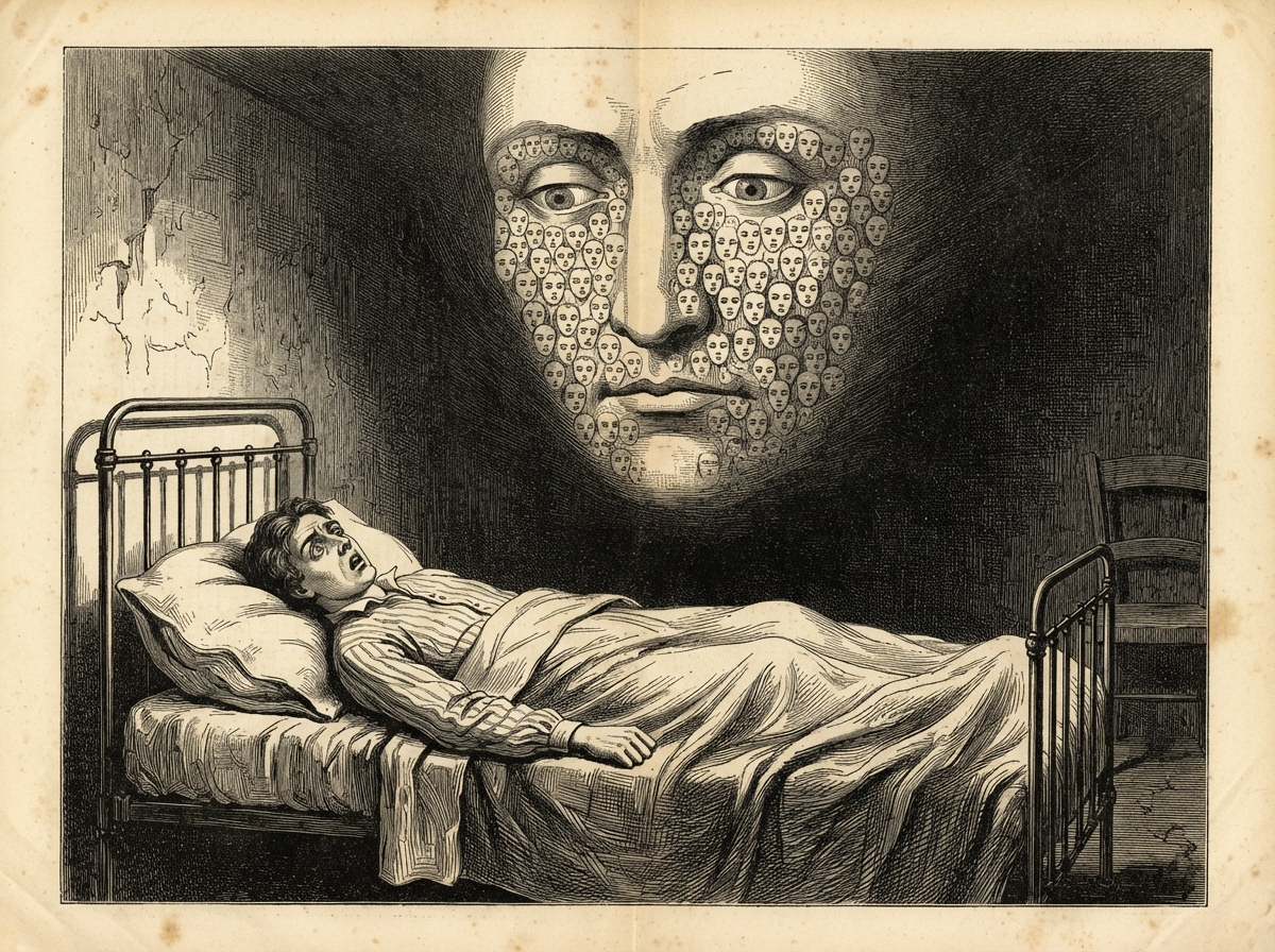 A narrow iron bed in a bare room, a young man pinned flat under his blanket with his eyes staring upward. Above him in the black hangs a vast pale face, its cheeks and brow crowded with tiny faces all turned downward.