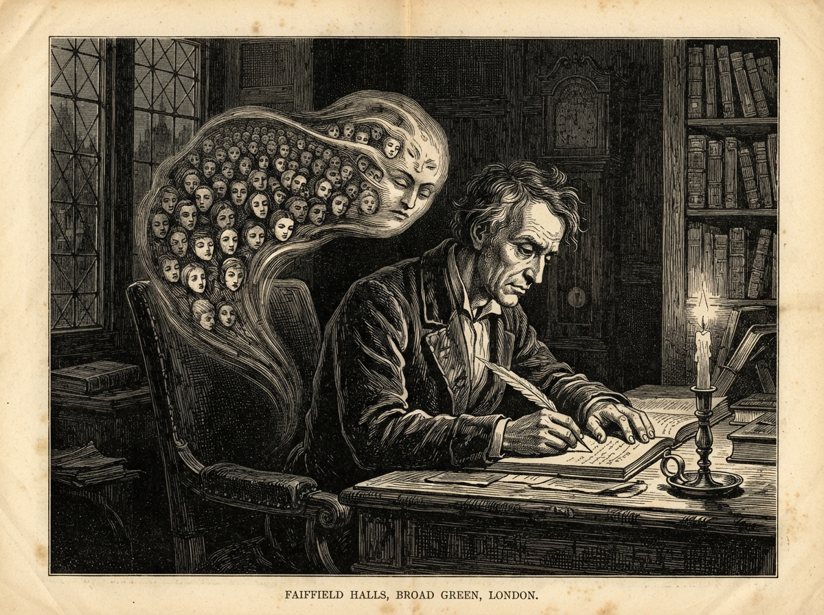 A desk by a guttering candle where a gaunt man writes with trembling hand. Behind his chair a pale shape bends over his shoulder, its lips close to his ear and its many small faces crowded in the shadow.