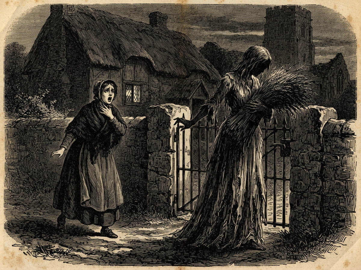 A garden gate at dusk, a thatched cottage behind it with one lit window. A young woman in a shawl walks toward a tall figure in a long pale gown who holds a sheaf of wheat against her breast; the figure's face is turned away and the gate-latch is half raised.