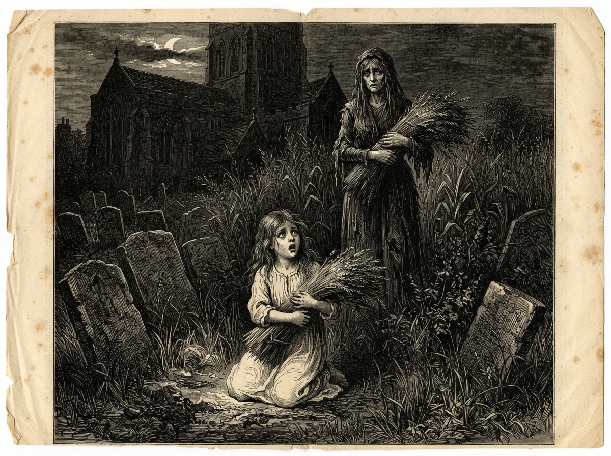 A churchyard under a low moon, the stones leaning like drunkards. A girl kneels in a white nightgown with a heavy sheaf in her arms and her eyes wide open, while behind her a tall veiled woman stands in the standing corn, her own face lifted to show features very like the girl's.