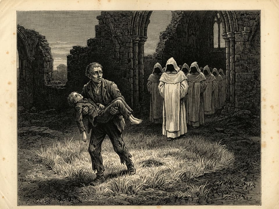 A farm boy's brother carries a limp, slight figure out of a frosted oblong of grass at twilight. The boy's face is lined and old beneath a child's cropped hair. Behind them, at the broken east wall of the ruined cloister, a file of hooded canons in pale habits cross the ground. Rime glitters on their shoulders and their faces are in shadow.