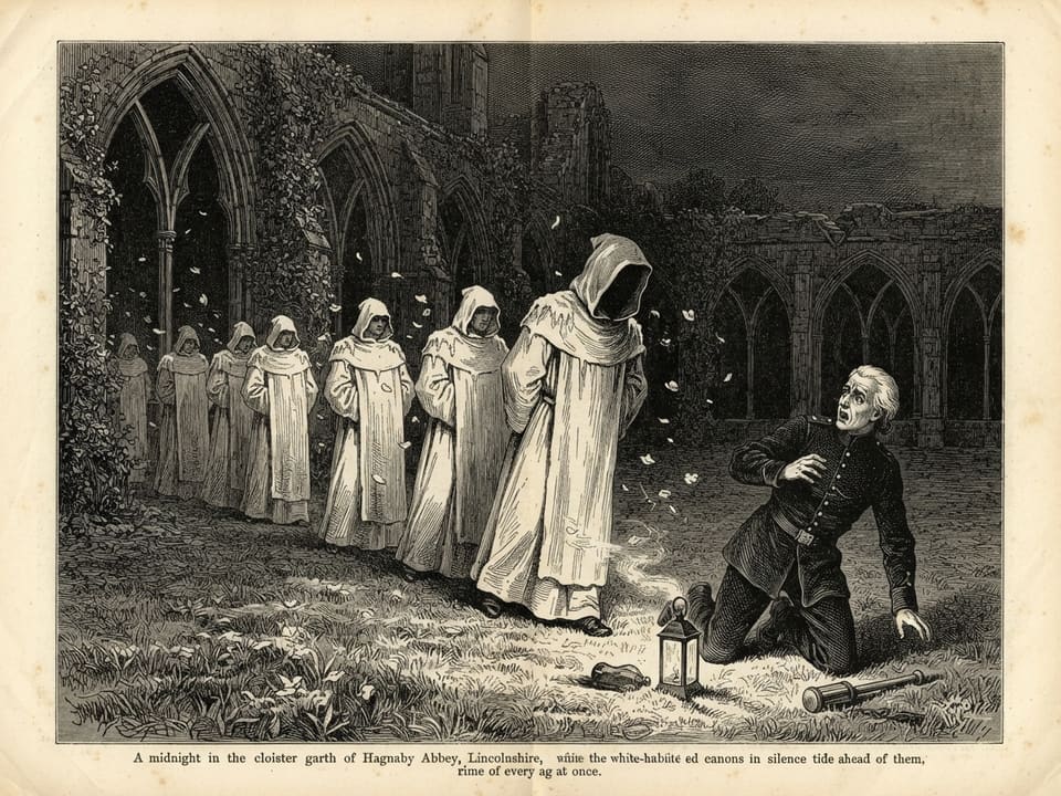 Midnight in the cloister garth. A young constable with white hair kneels at the edge of a frost-covered oblong, his lantern guttering to a dying spark and a rattle fallen in the grass. The foremost hooded canon looms very near, its head turned toward him, and a wedge of darkness inside the hood suggests a face. Frost spreads like a tide across the ground ahead of the file, and blossom petals drift upward in the gloom.