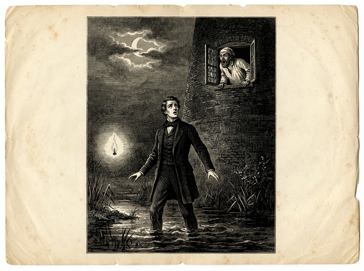 A tall young man stands knee-deep in dark water in a flooded meadow, his arms held a little out from his sides, his face lifted toward a pale light. Behind him the tower stands black against the moon, and a bearded man leans from a high window with his mouth open.