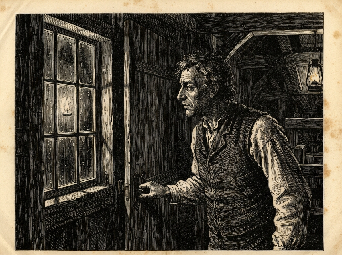 Through a narrow mill window a small flame hangs at the level of a man's eyes, and the glass is beaded with wet on the inside. The man's face is turned toward it in the lamplight, calm and yearning, and one hand rests on the door latch beside him.