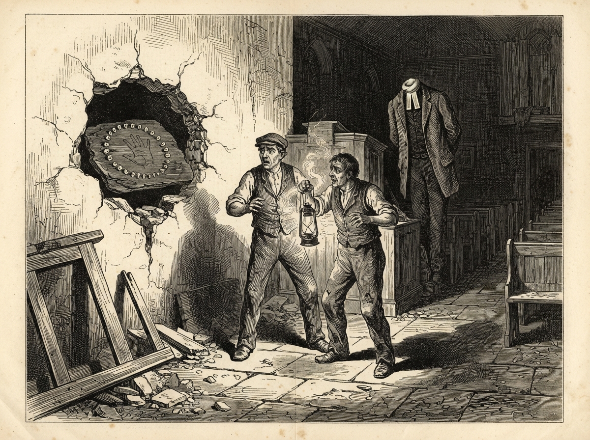 Inside a half-demolished chapel, a mason in a flat cap and a labourer stand with lamps before a gaping hollow in a plaster wall behind a pulpit. Within the hollow, a ring of small pale teeth sits on a slate scratched with a hand whose fingers are reversed. Their shadows stretch long across the floor toward the empty pews, and something in the dark of the hollow seems to lean out.