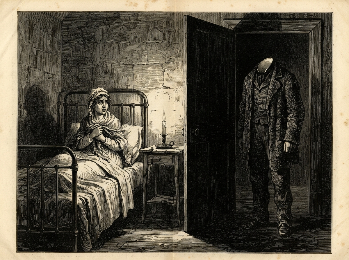 A woman in a nightcap and shawl sits upright in an iron bed in a bare keeper's room, candle guttering, staring at the half-open door. In the black gap of the doorway the tall silhouette of a figure in a labourer's coat stands very close, its head bent sideways as though listening to her breathing. Nothing is visible where its head should be.