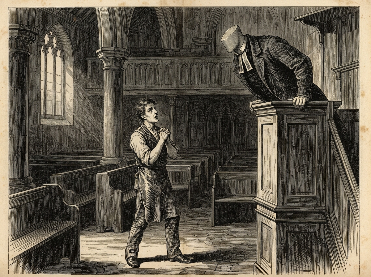 A young carpenter stands frozen in the dusk-lit chapel with his hands clasped, lips parted in whispered prayer. In the pulpit above him a headless figure in black preachers' bands and moleskin coat leans over the rail, its smooth closed neck tilted toward him, the collar gaping like a mouth. Pale light from a high window falls on the figure's plaster-grey stump and on the rows of empty pews.