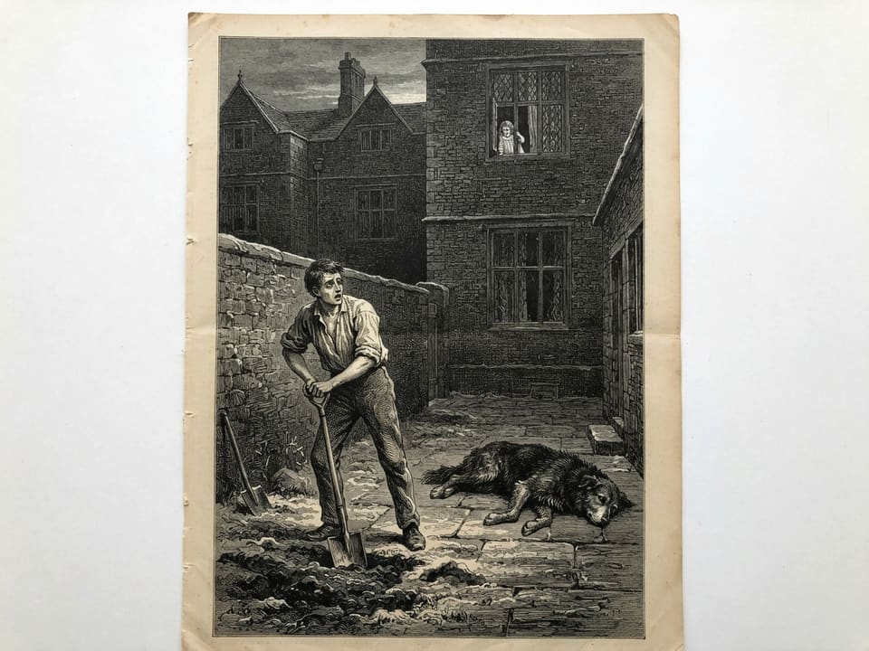 A frosty yard behind a tall brick hall at dawn, a young man in shirtsleeves leaning on a spade beside a freshly filled hole, while on the flagged passage behind him a huge rough-coated dog lies stiff on its side with its grey muzzle turned toward him. A small girl in a nightgown watches from an upper window, and the dog's eye is open and catching the light.