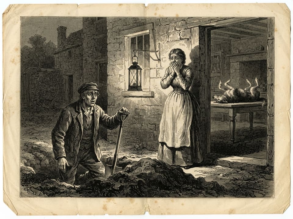 A boatman kneeling at night in a lantern-lit yard in a pit dug up to his chin, his spade still in his fist and his face blank and slack, while a woman in a doorway holds her hands to her mouth. Behind him on a table in the lit kitchen lies the pale outline of a great hound laid on its back with its paws turned in.