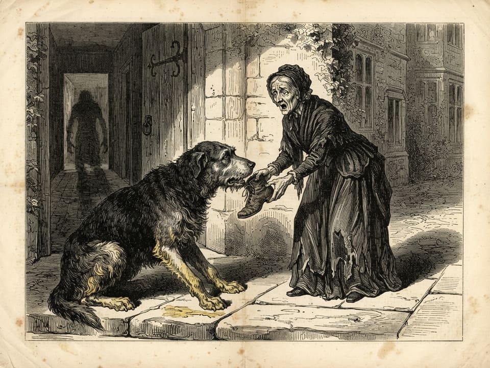 A sunlit doorstep with a haggard woman in black bending to take a laced boot from the jaws of an enormous dog whose coat is plastered with pale wet clay. The beast's forelegs bend wrongly like a crouching man's, and its long face is lowered with terrible gentleness. Behind them a long shadow stretches back down a dim passage, ending in a shape that is half rising out of the floor.