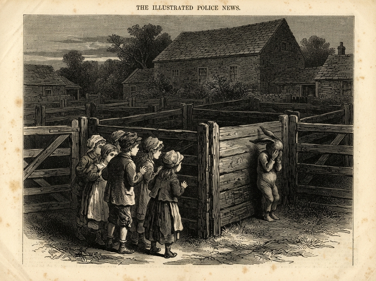 A rough harbour-side pasture at dusk, with sheepfolds of hurdle and a ring of small children peering into the shadows, their backs to the viewer. In the deepest hurdle, half-hidden, a small grey figure with long folded ears stands facing the wood with its hands pressed over its eyes.